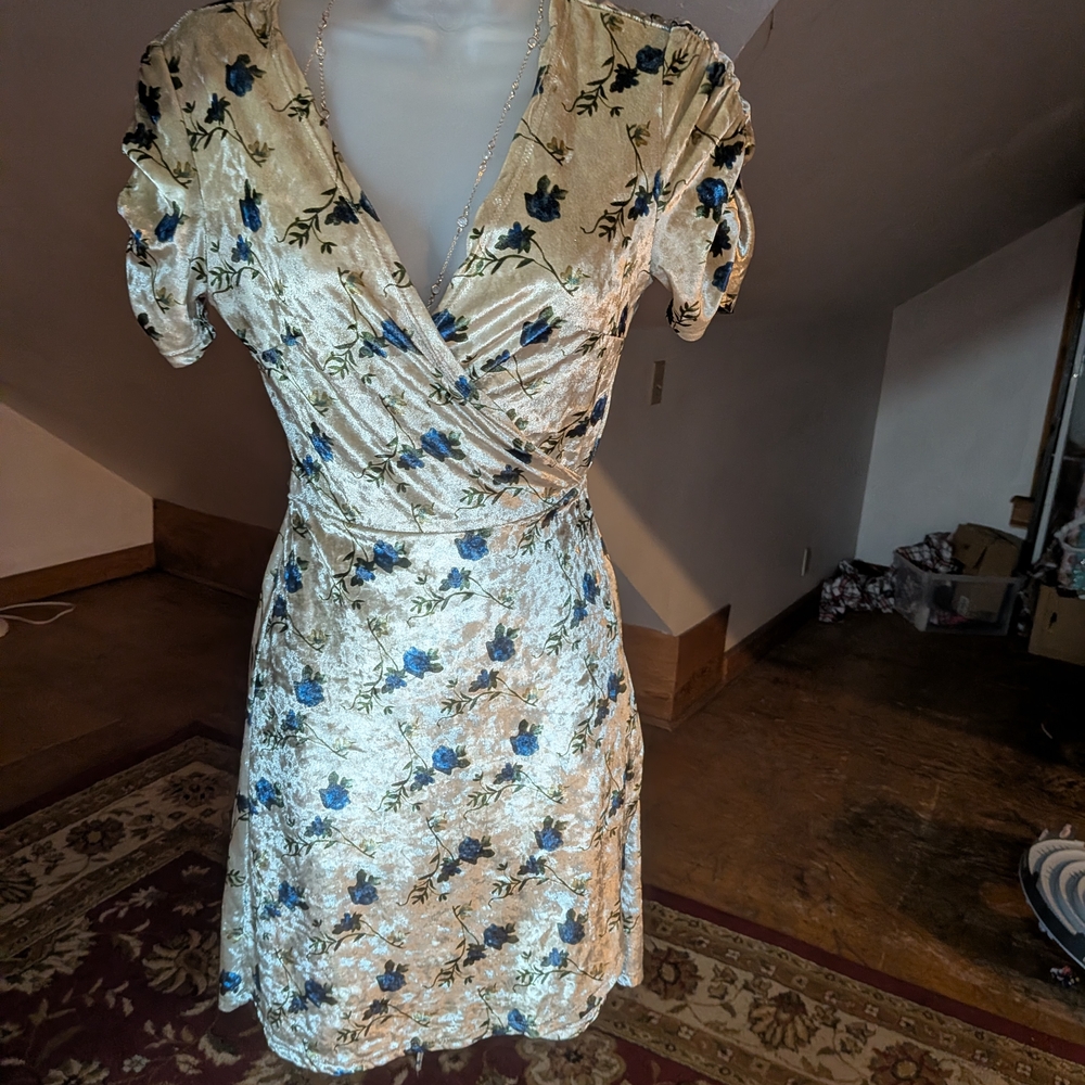 Current Mood Cream and Blue Floral Mini Dress